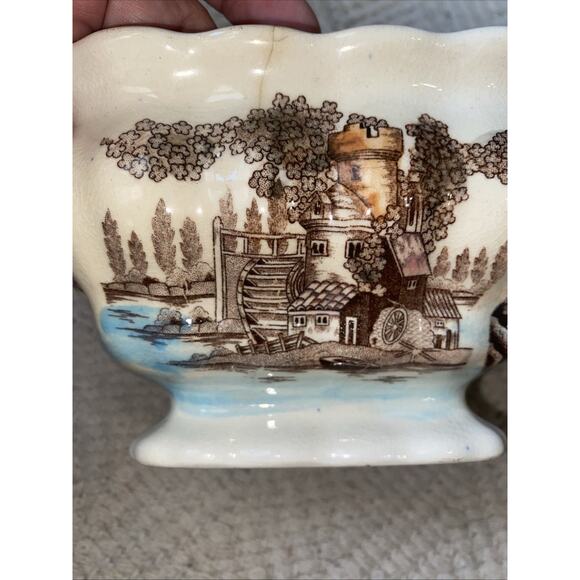 Vintage Transferware Brown Blue Castle Scene Sauce Gravy Tureen Staffordshire - Picture 7 of 13
